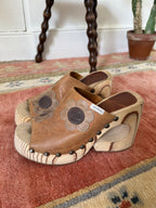 Vintage 90’s Wood and Leather Flower Clogs