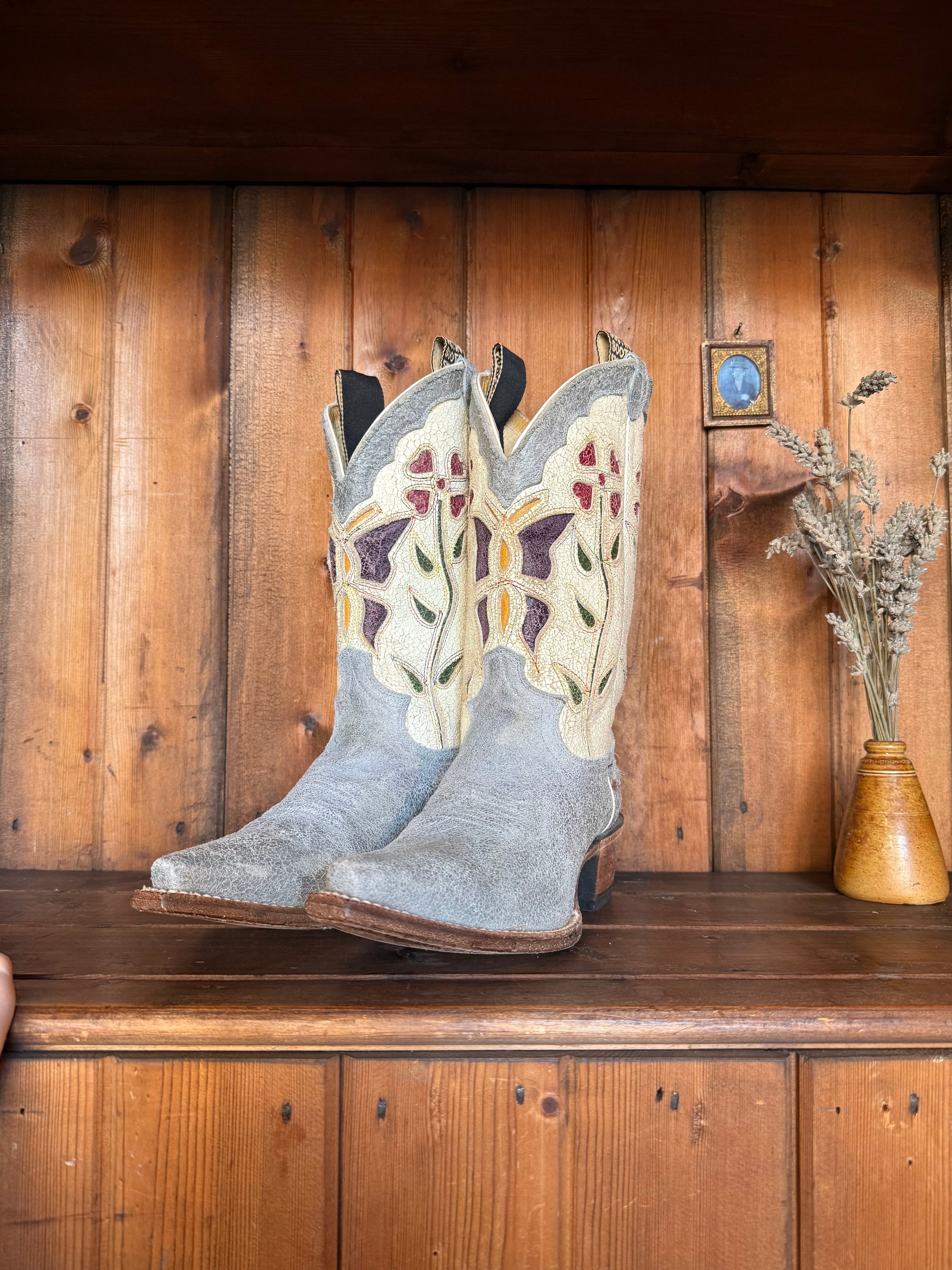 UK 5 - 2000’s ‘Justin Vintage’ Floral Butterfly Inlay Cowboy Boots