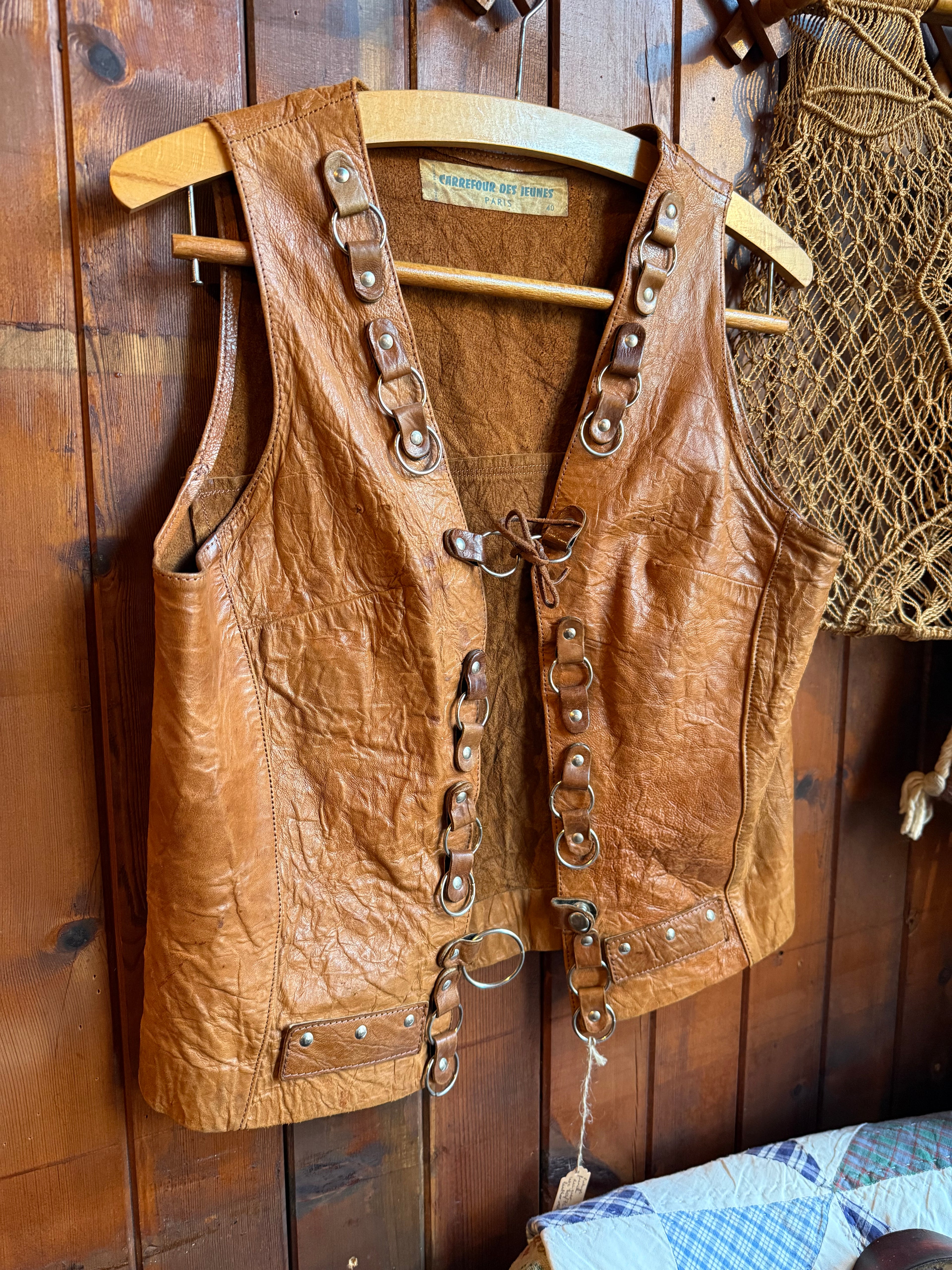 Vintage 1970s French Leather Waistcoat