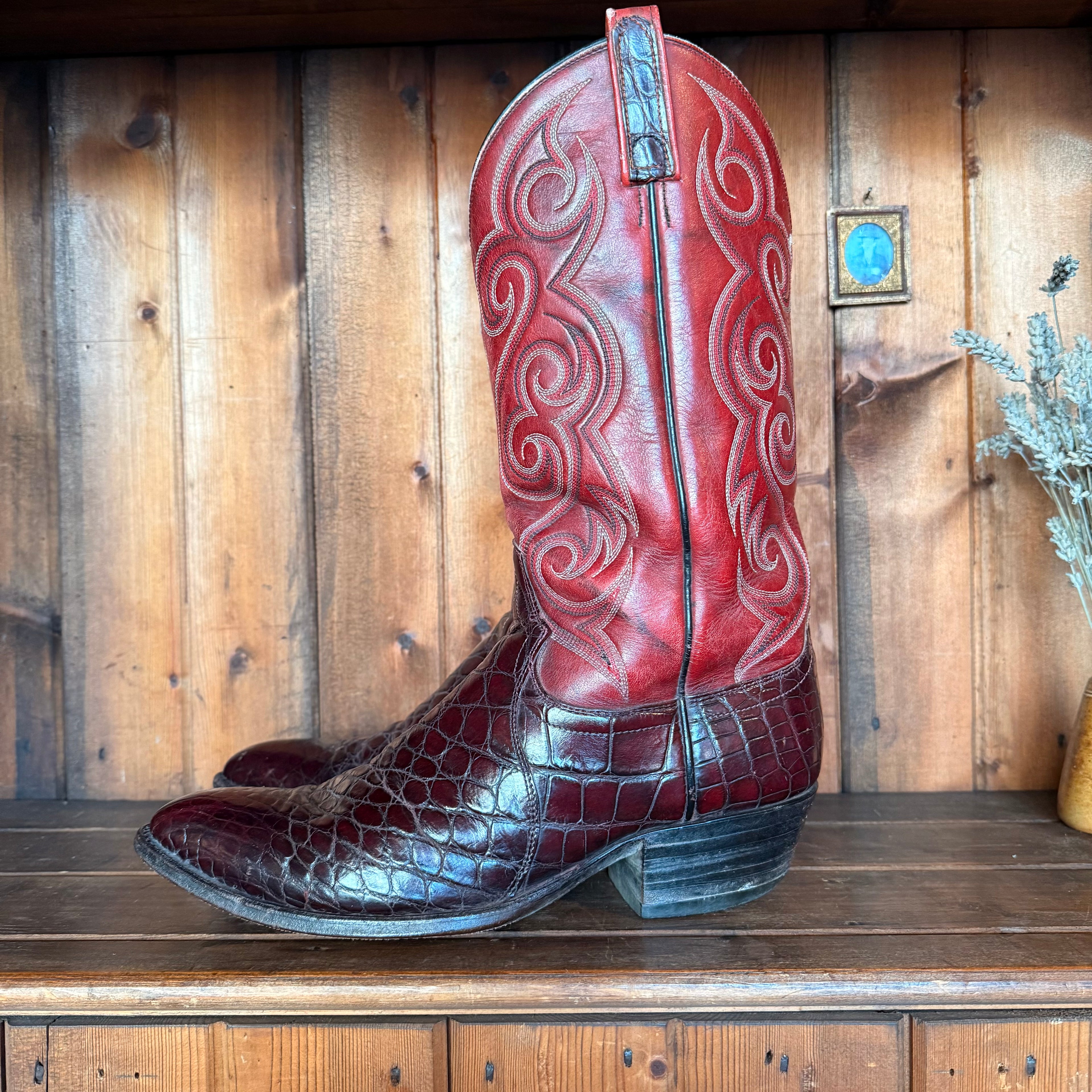 UK 9 - Vintage 1980’s Red Croc Spiral Cowboy Boots