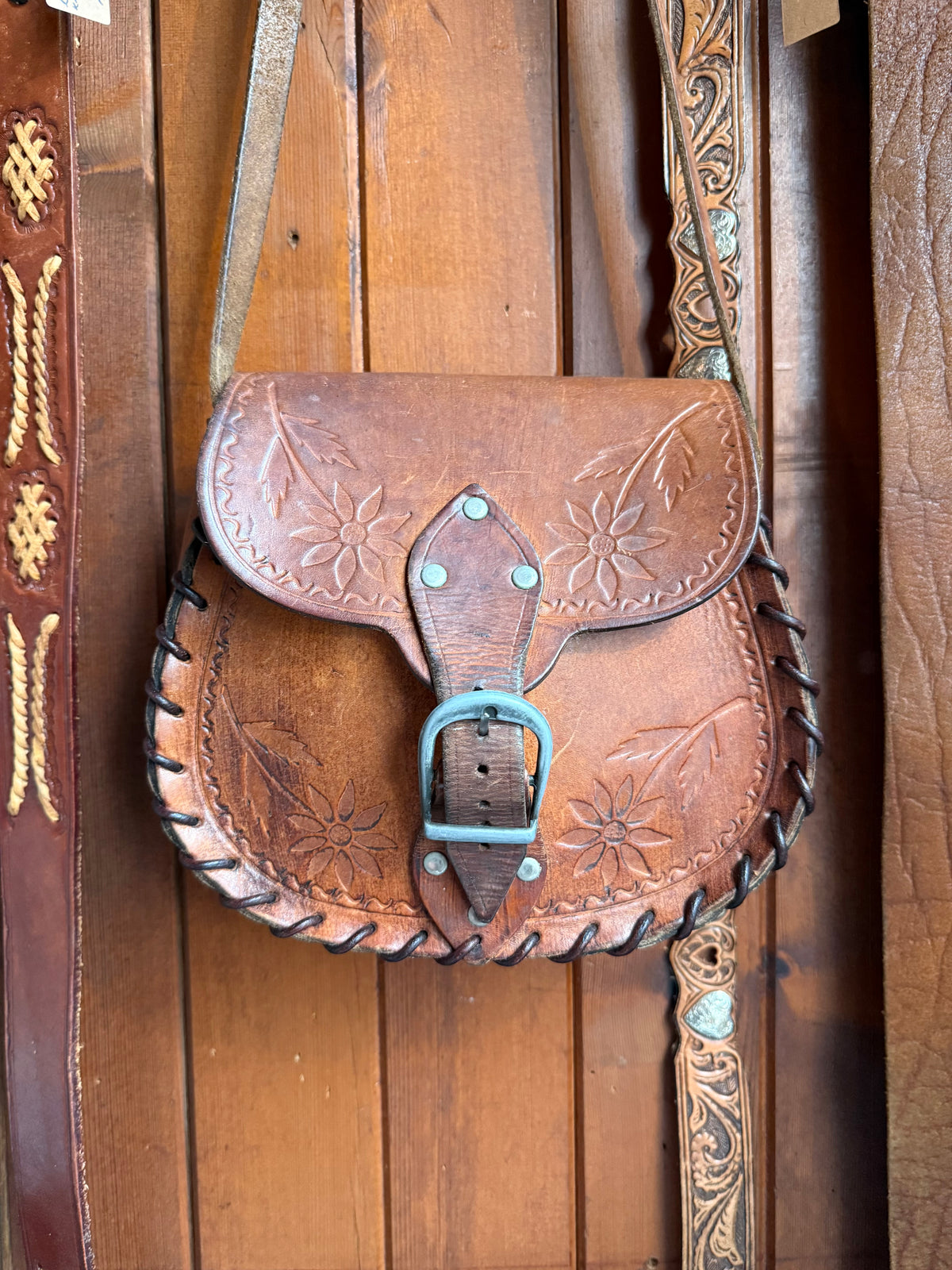Floral Vintage Leather Saddle Bag