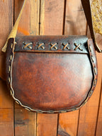 Vintage 70s Handmade Floral Tooled Leather Saddle Bag