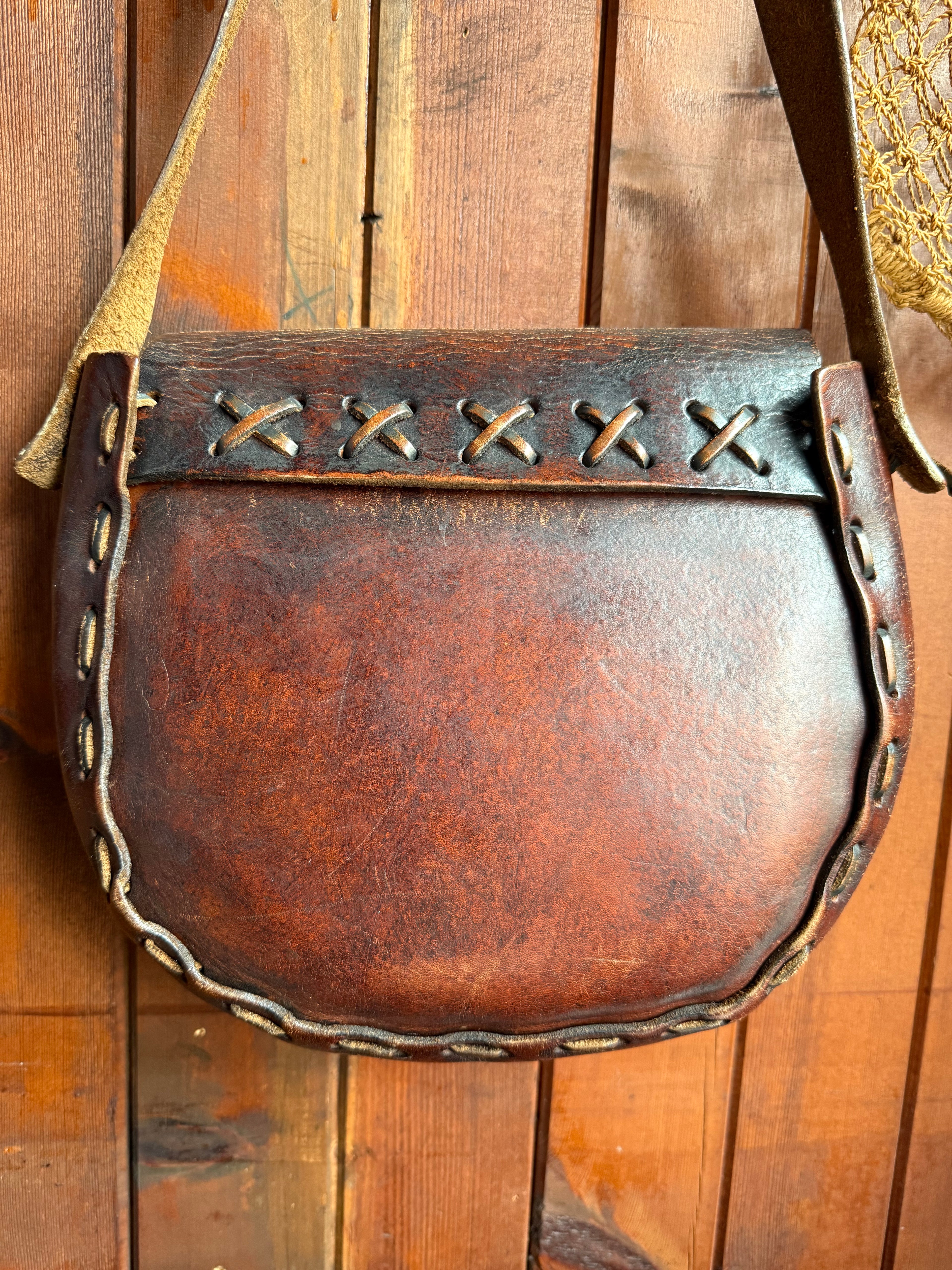 Vintage 70s Handmade Floral Tooled Leather Saddle Bag