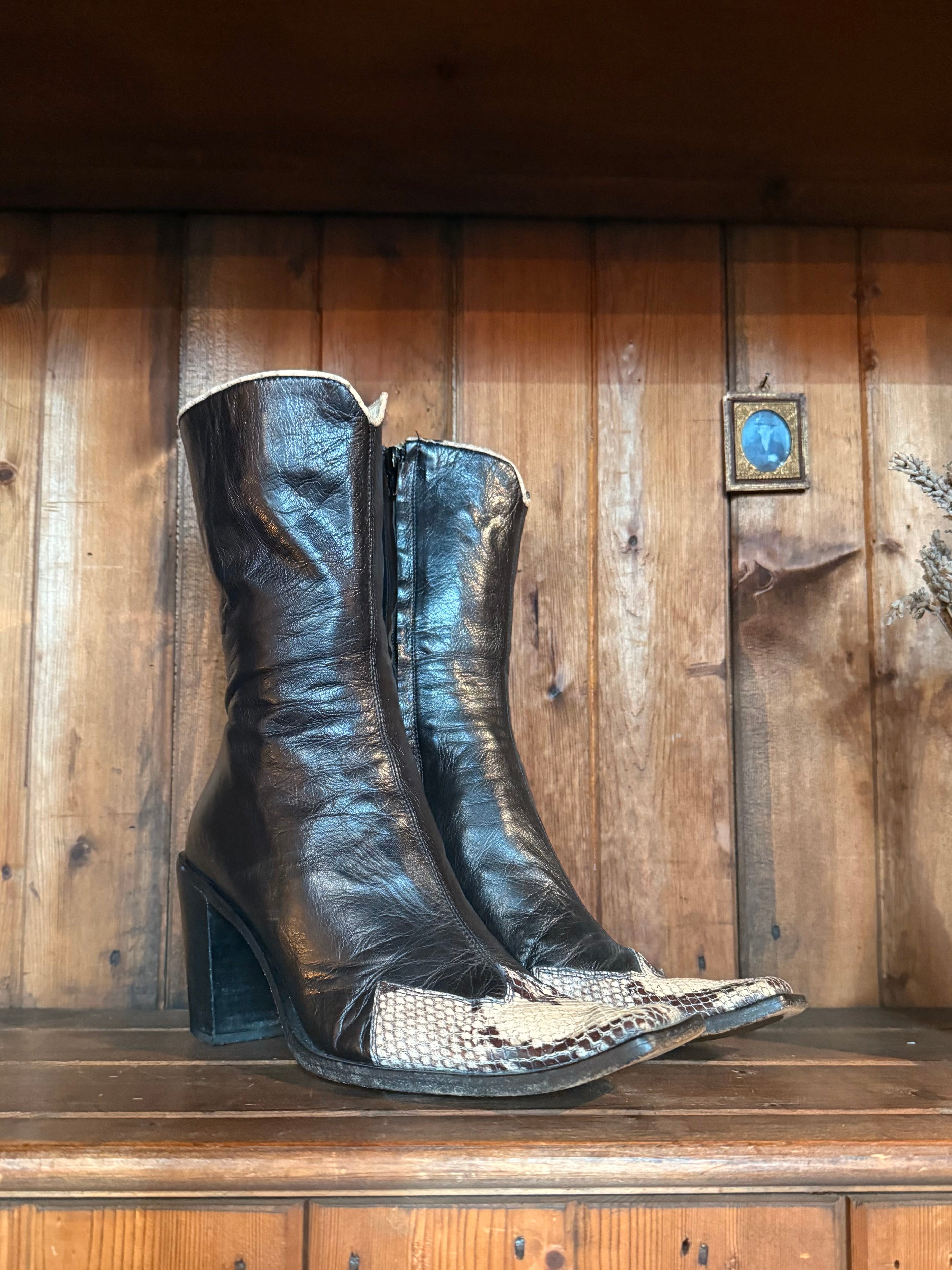 UK 5 - Italian Kid Leather and Snakeskin Vintage Square-toe Boots