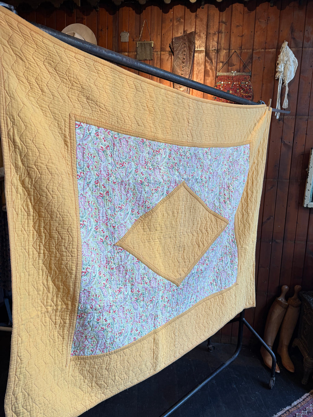 1930s/40s Yellow and Pink Reversible Paisley Quilt
