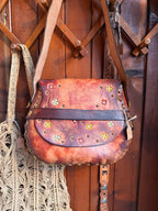 Vintage Large Handmade Tooled Leather Floral Saddle Bag