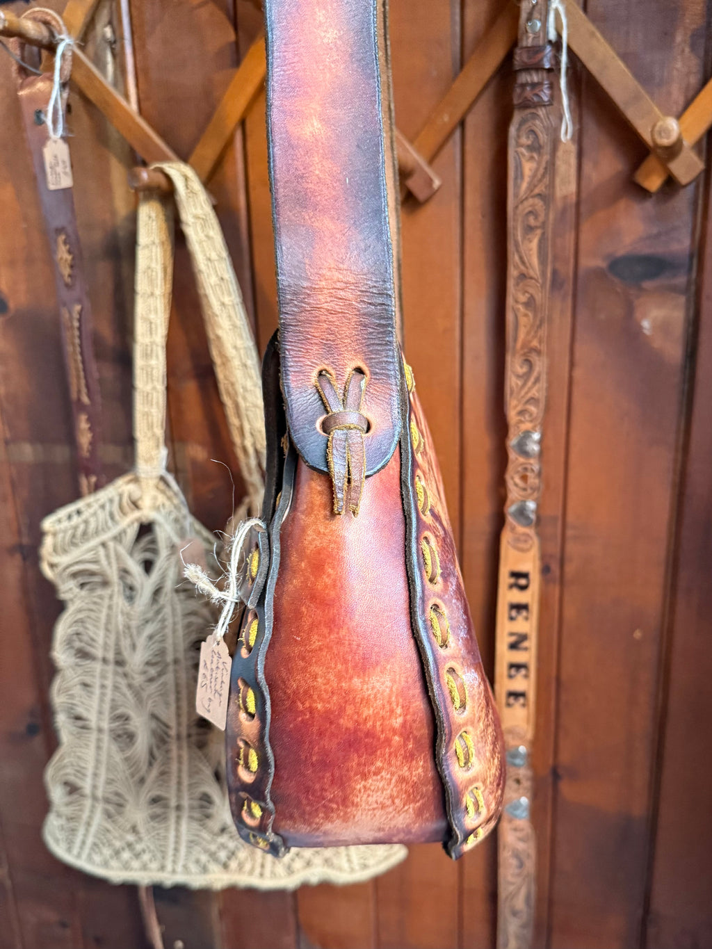 Vintage Large Handmade Tooled Leather Floral Saddle Bag