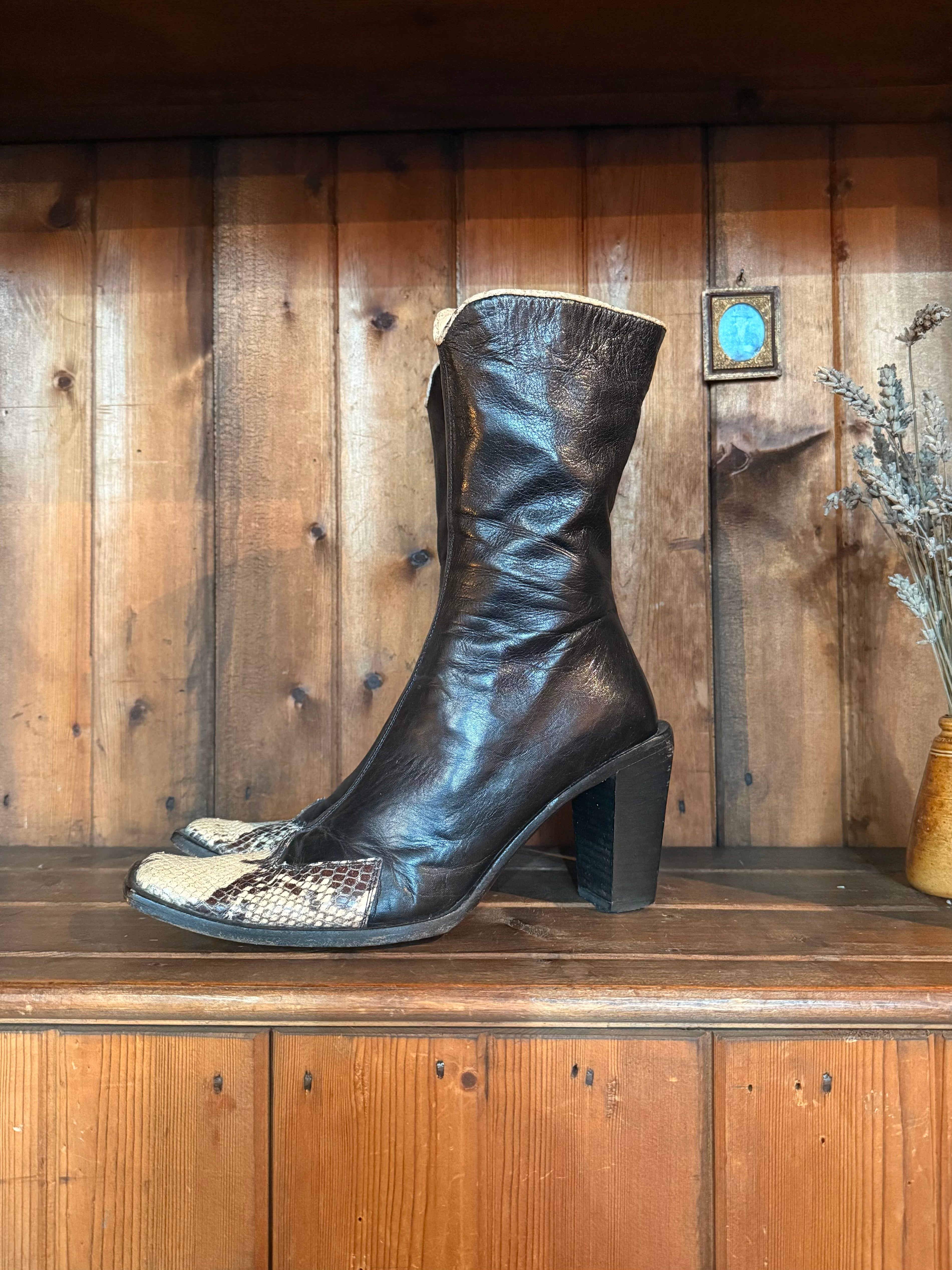 UK 5 - Italian Kid Leather and Snakeskin Vintage Square-toe Boots