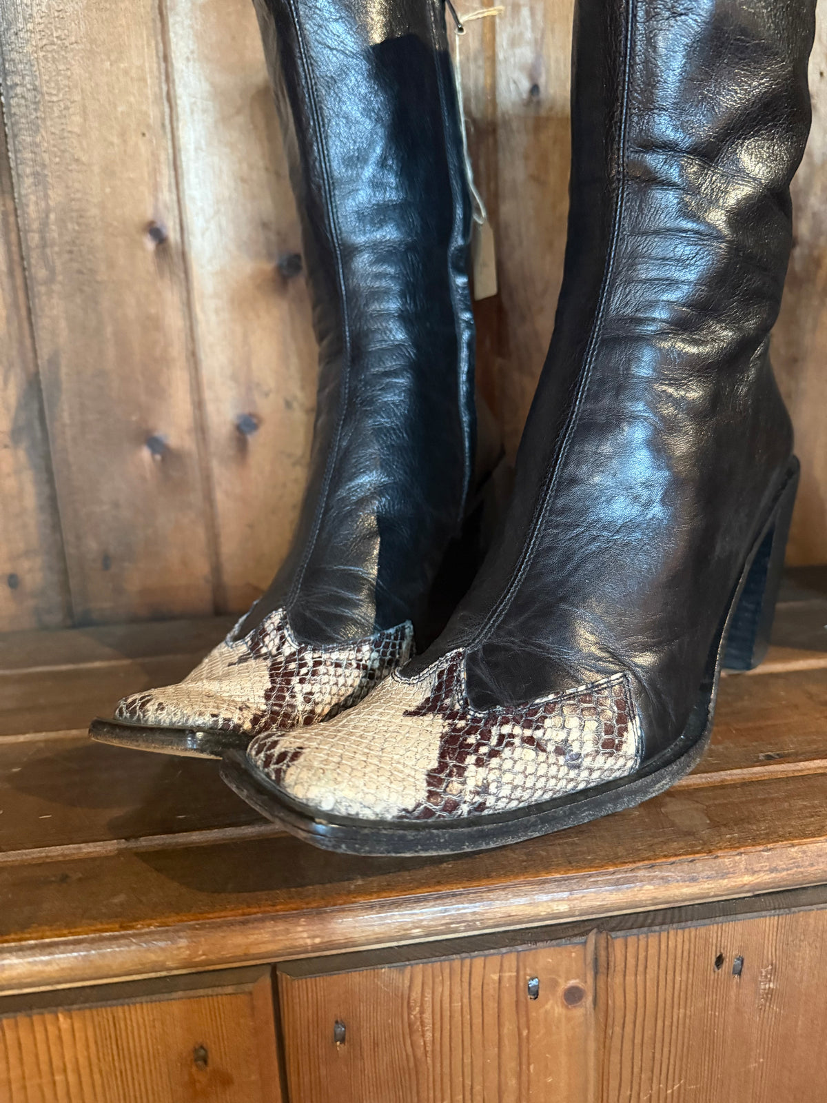UK 5 - Italian Kid Leather and Snakeskin Vintage Square-toe Boots
