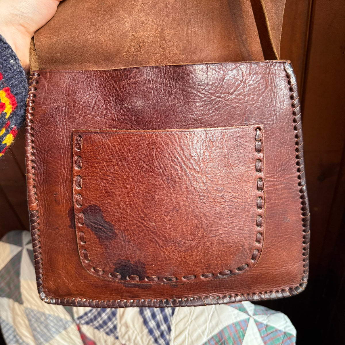 Vintage Handmade Triple Heart Concho Leather Shoulder Bag