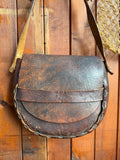 Vintage 70s Handmade Floral Tooled Leather Saddle Bag