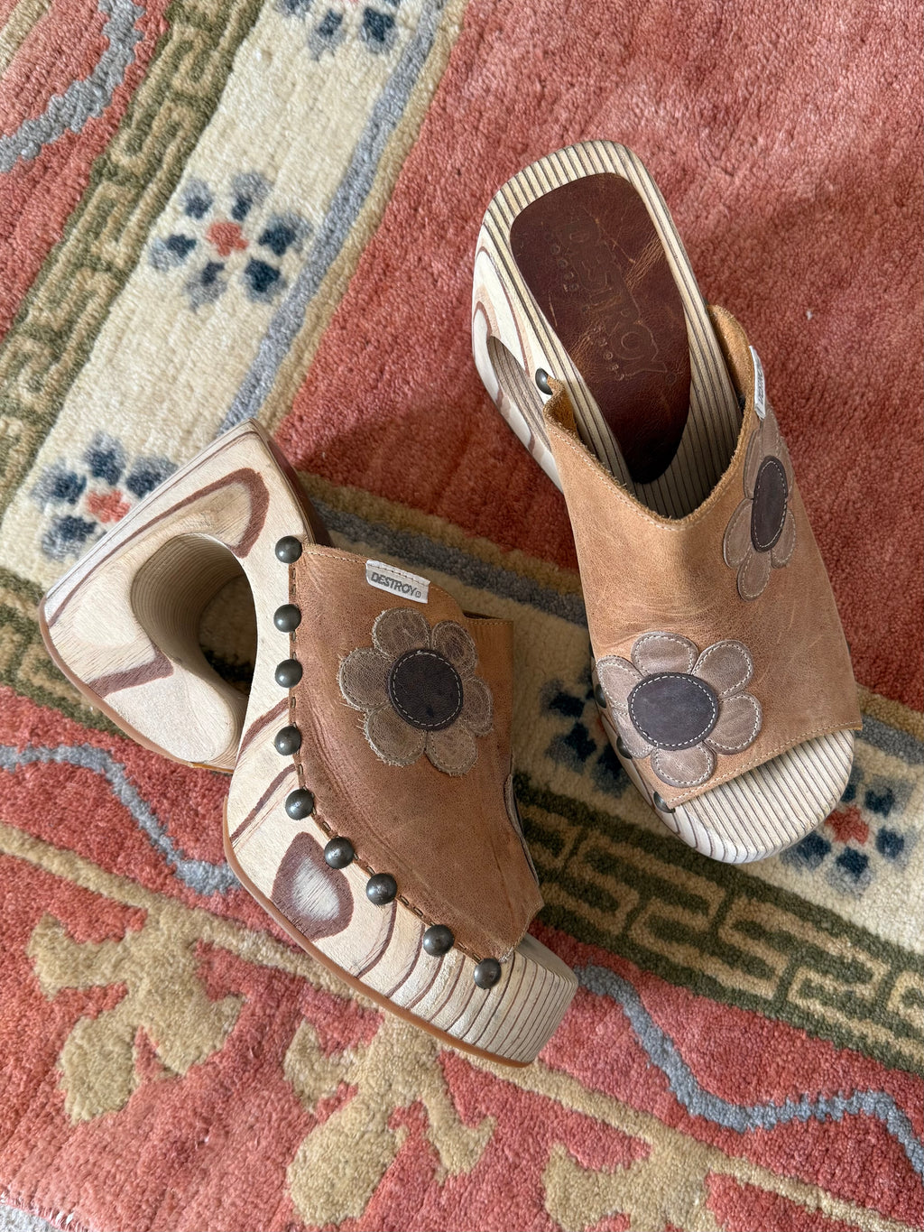 Vintage 90’s Wood and Leather Flower Clogs
