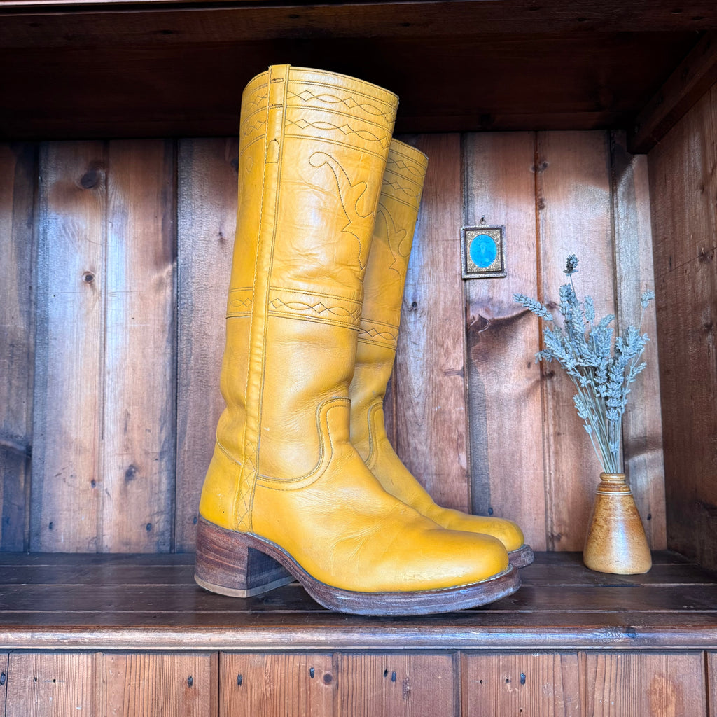 UK 8 - Vintage 1970’s Yellow Longhorn Frye Campus Boots