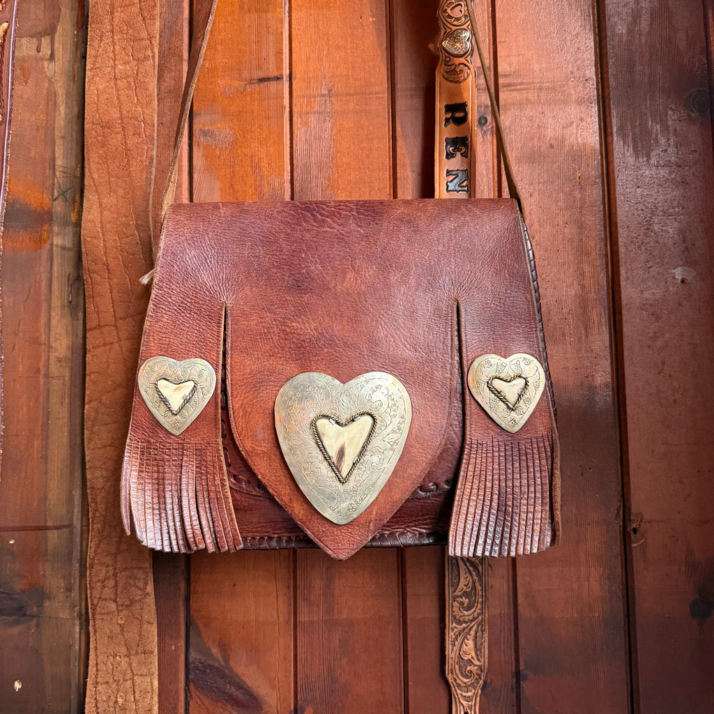 Vintage Handmade Triple Heart Concho Leather Shoulder Bag