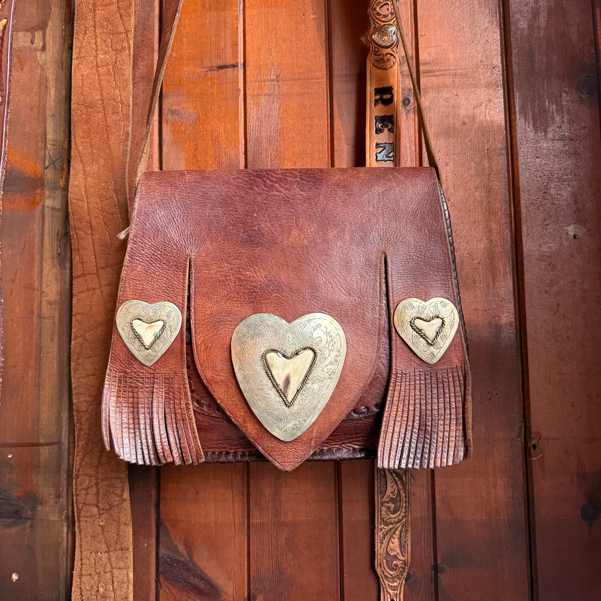 Vintage Handmade Triple Heart Concho Leather Shoulder Bag