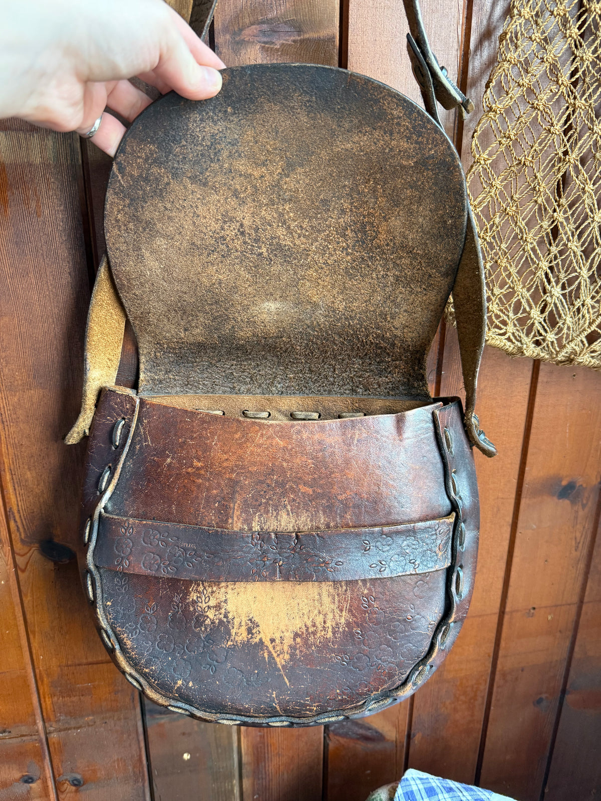 Vintage 70s Handmade Floral Tooled Leather Saddle Bag