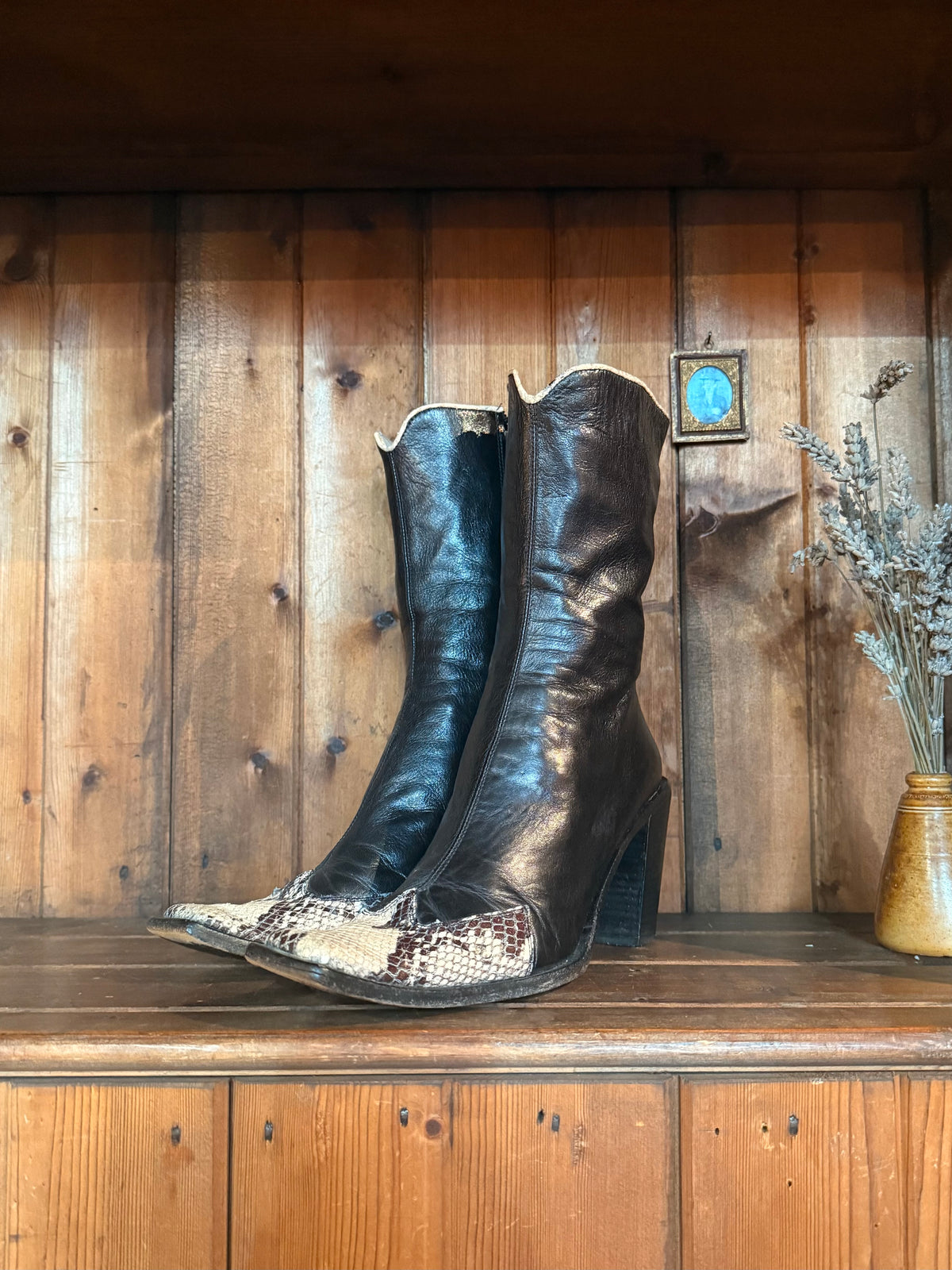 UK 5 - Italian Kid Leather and Snakeskin Vintage Square-toe Boots