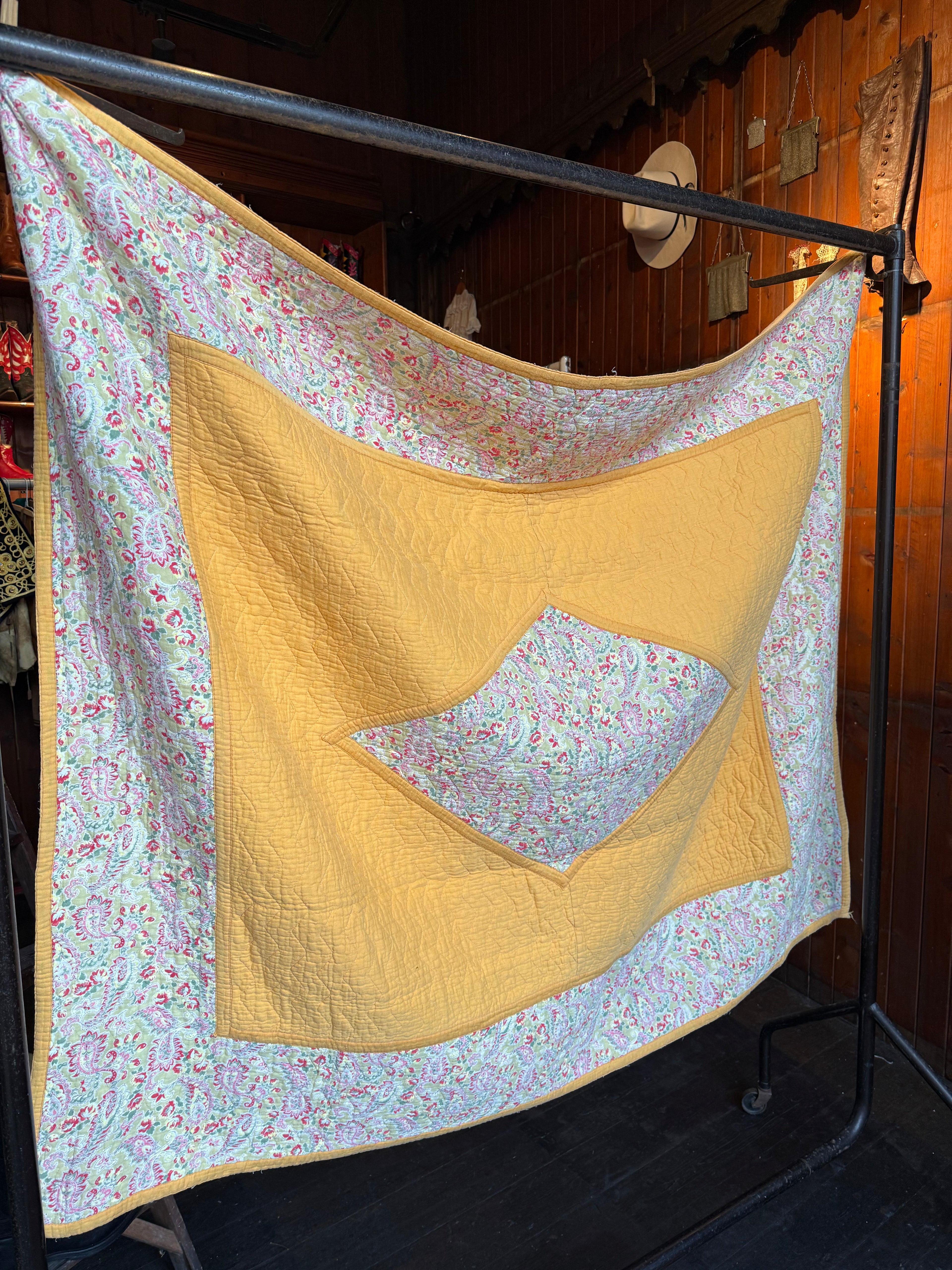 1930s/40s Yellow and Pink Reversible Paisley Quilt