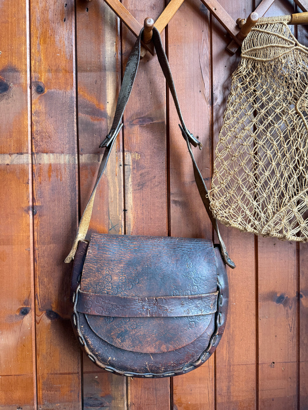 Vintage 70s Handmade Floral Tooled Leather Saddle Bag