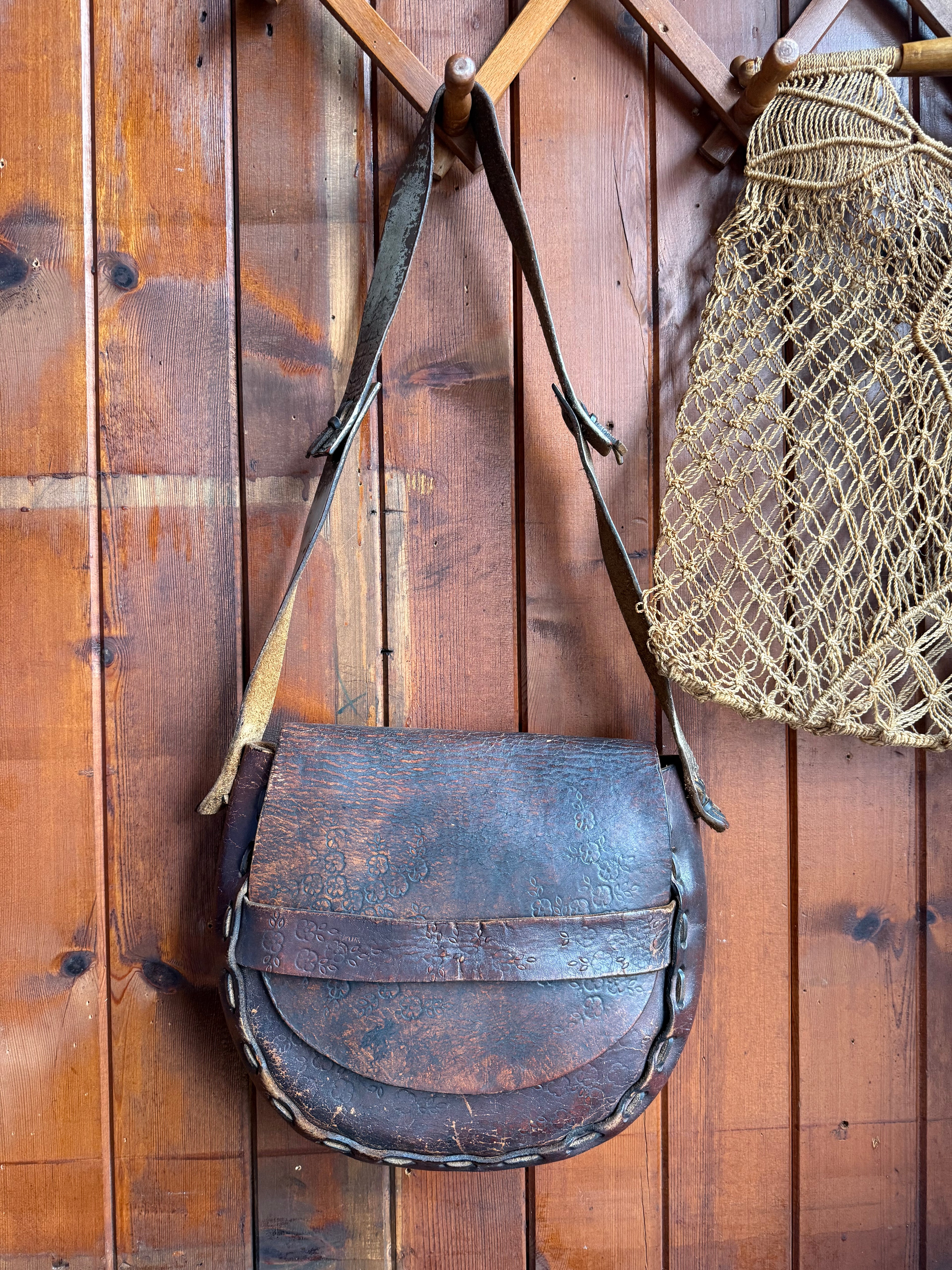 Vintage 70s Handmade Floral Tooled Leather Saddle Bag