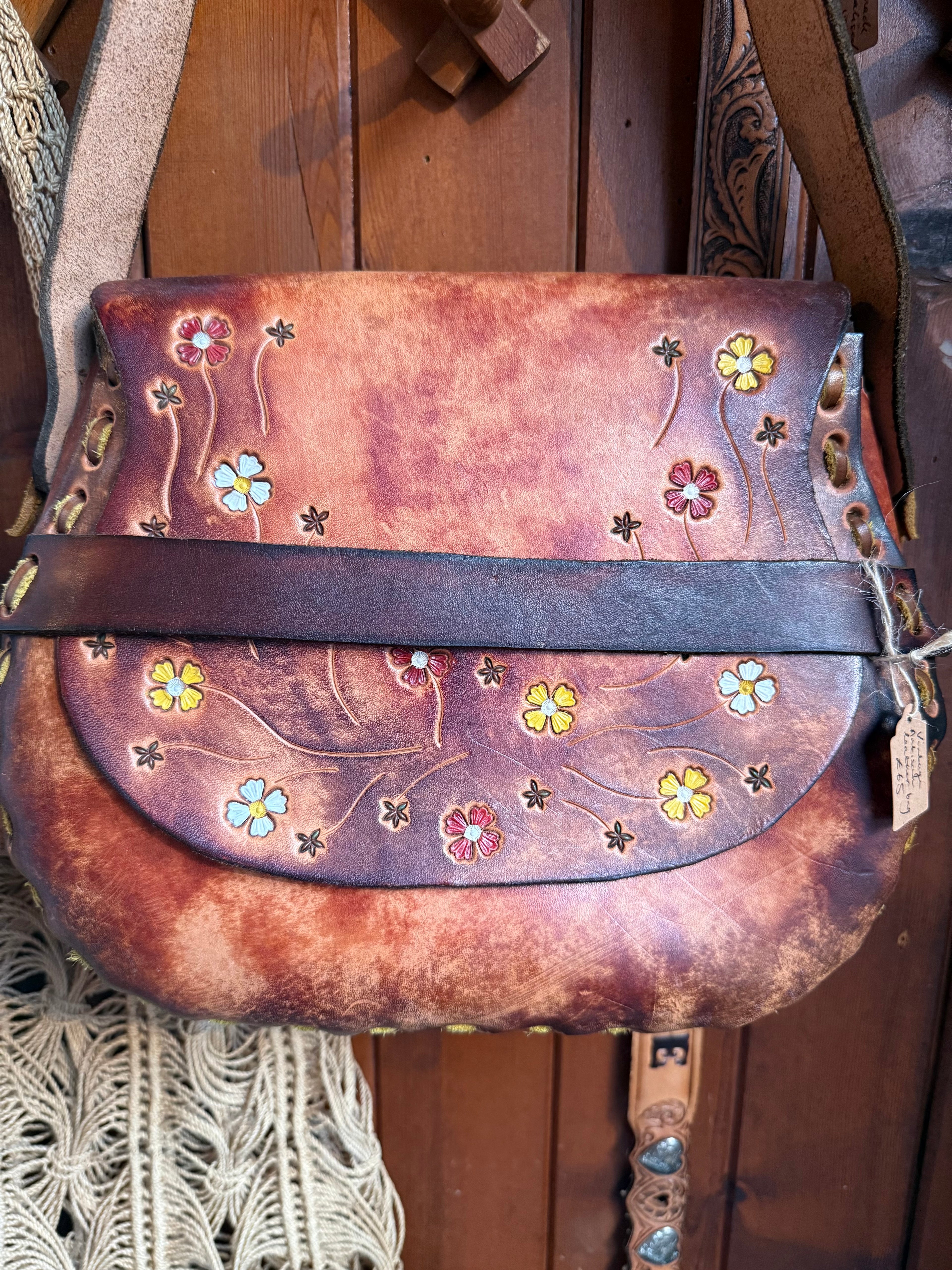 Vintage Large Handmade Tooled Leather Floral Saddle Bag