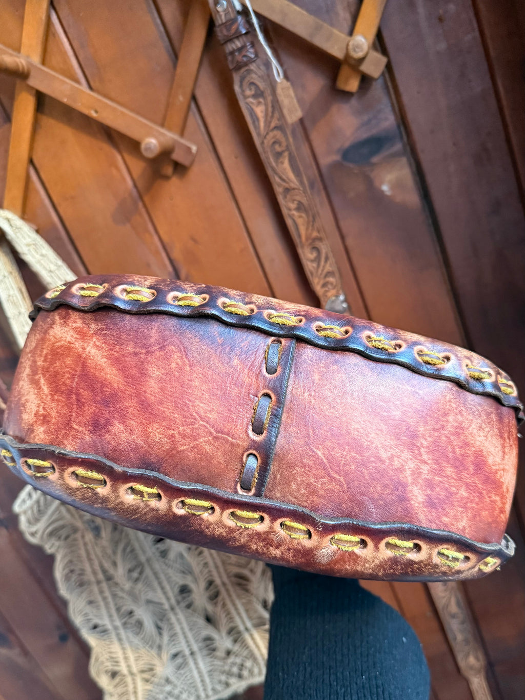 Vintage Large Handmade Tooled Leather Floral Saddle Bag