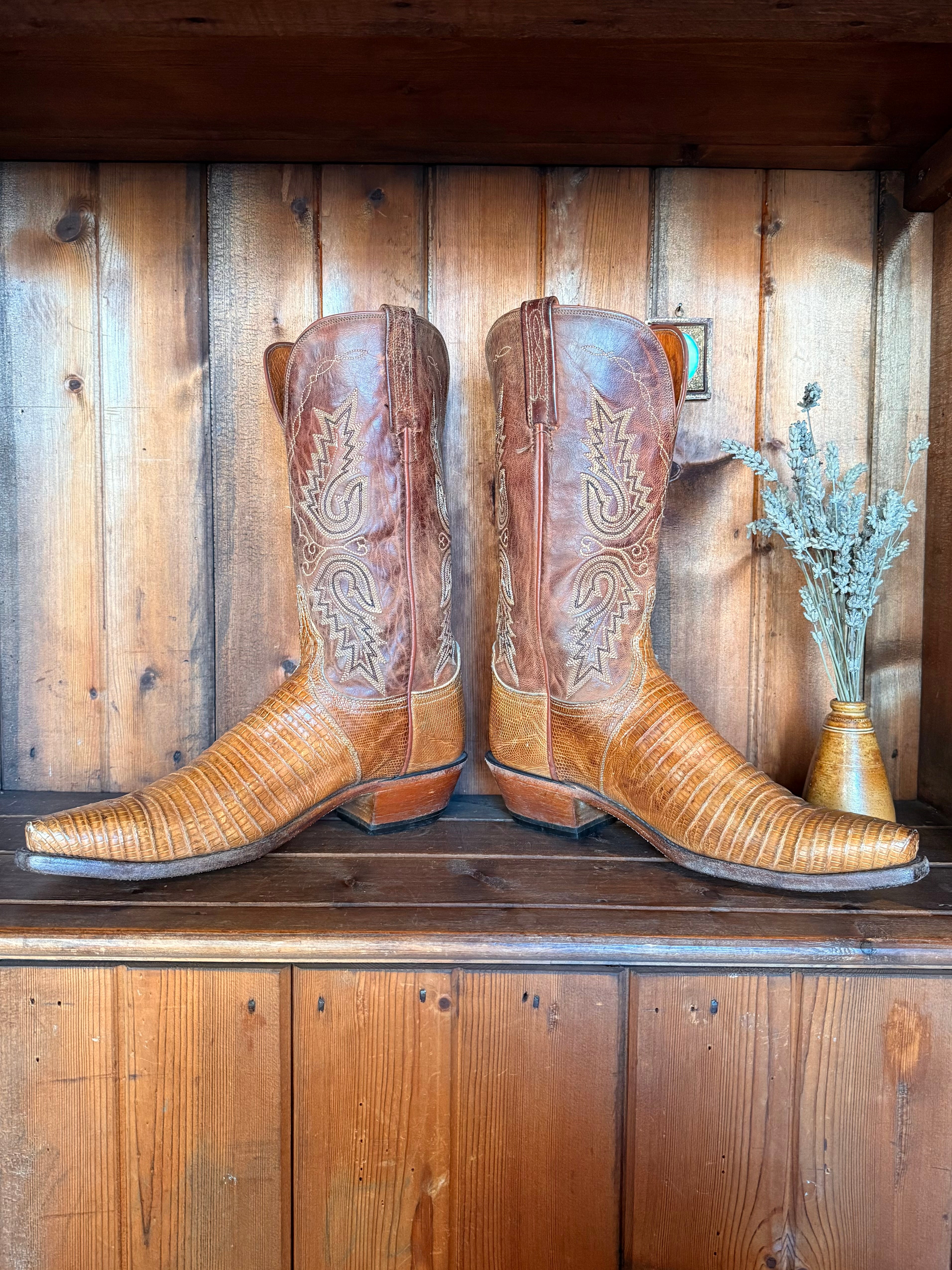 UK 7.5 - Vintage Exotic Teju Lizard 90s Lucchese Cowboy Boots