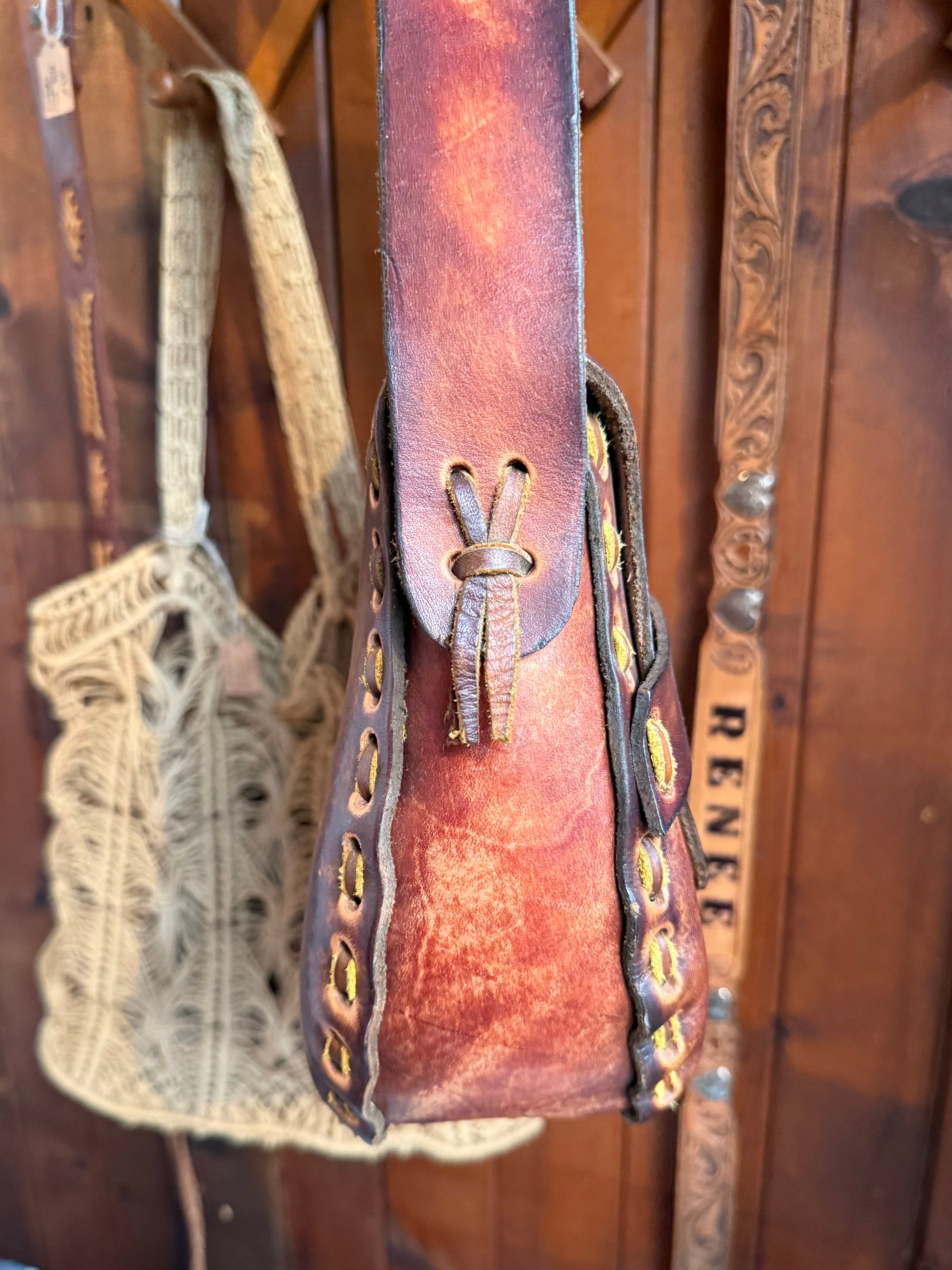 Vintage Large Handmade Tooled Leather Floral Saddle Bag