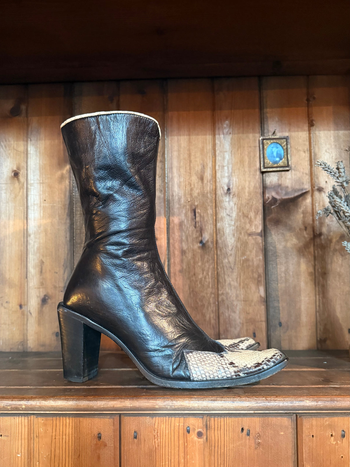 UK 5 - Italian Kid Leather and Snakeskin Vintage Square-toe Boots