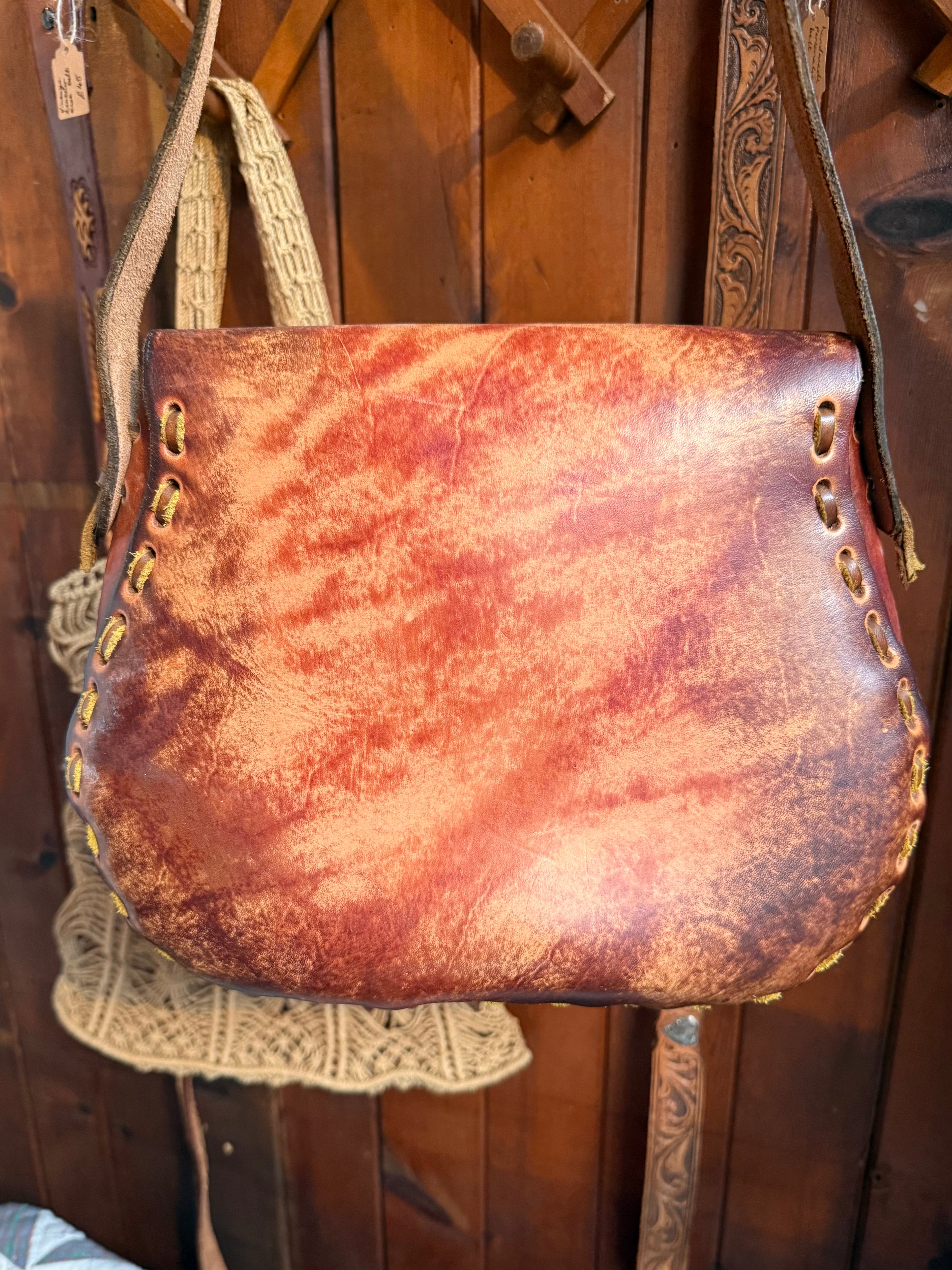 Vintage Large Handmade Tooled Leather Floral Saddle Bag