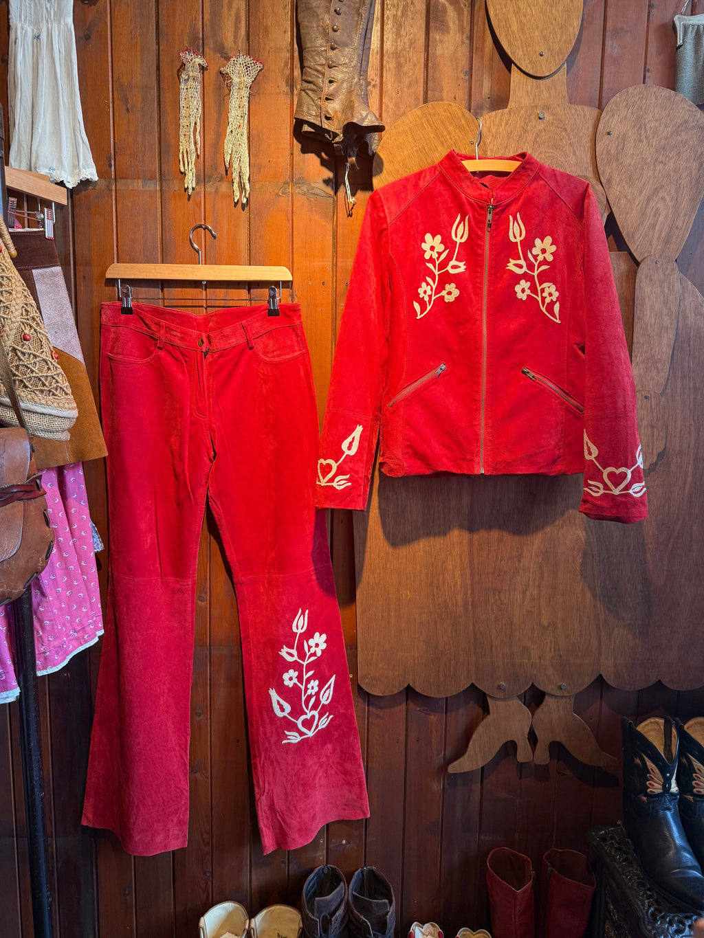 90’s Red Suede Folk Leather Jacket