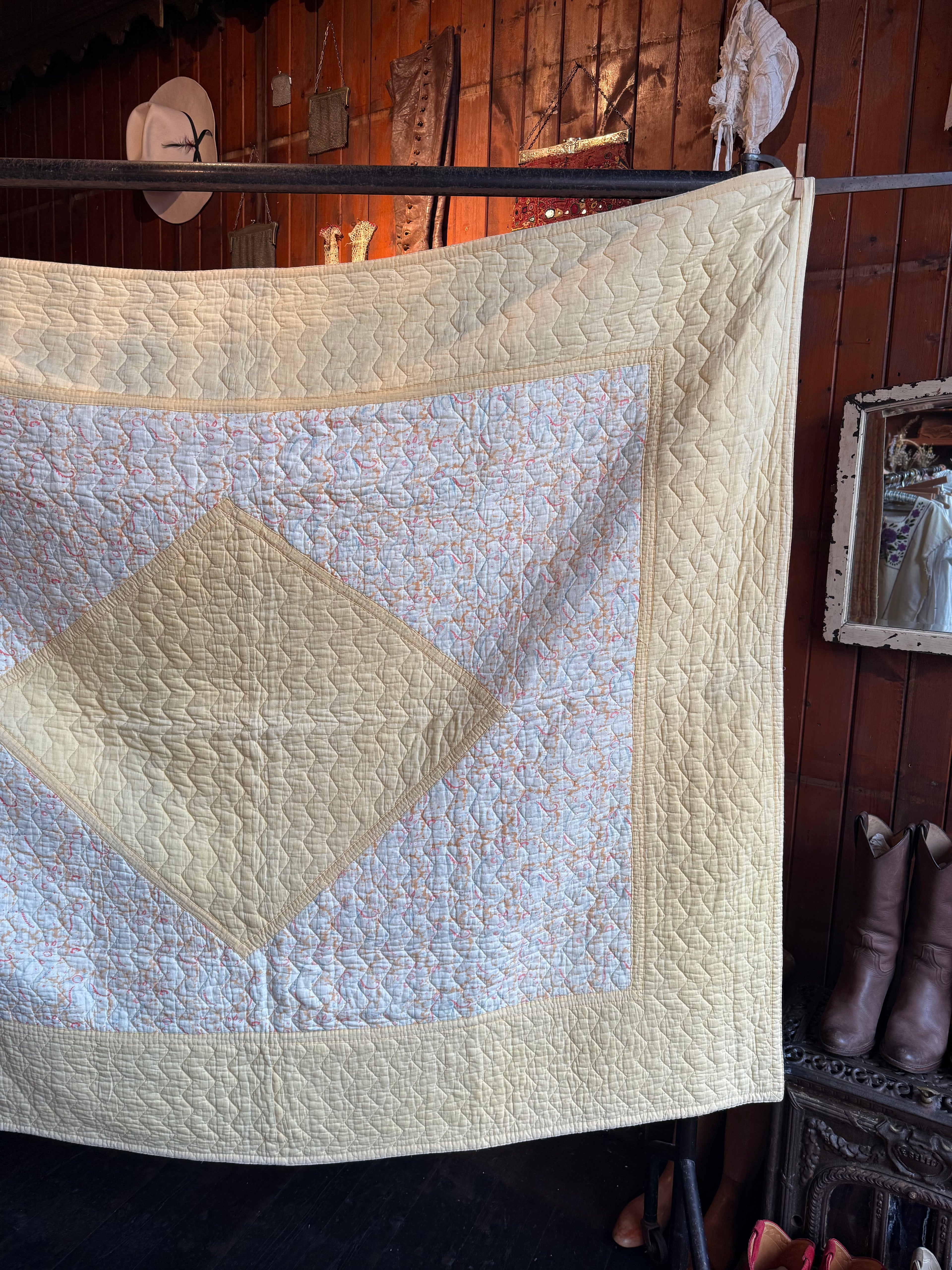 1930s/40s Lemon Yellow Reversible Paisley Quilt
