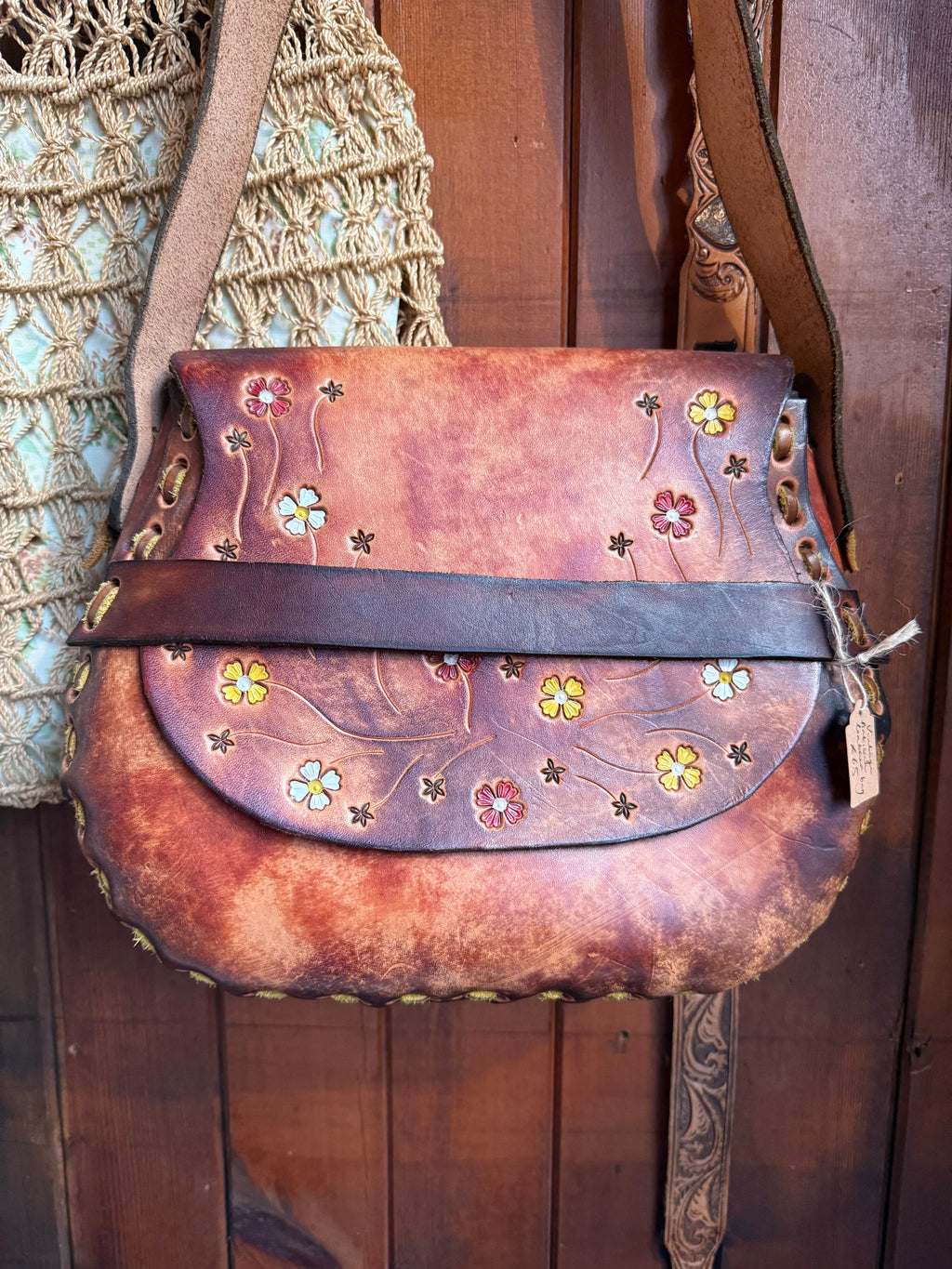 Vintage Large Handmade Tooled Leather Floral Saddle Bag