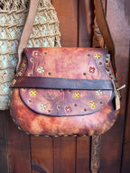 Vintage Large Handmade Tooled Leather Floral Saddle Bag
