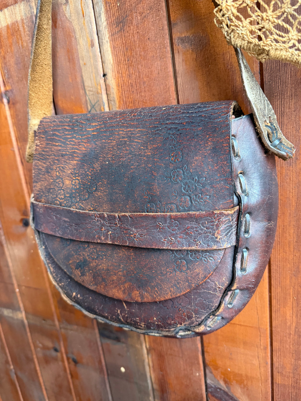 Vintage 70s Handmade Floral Tooled Leather Saddle Bag